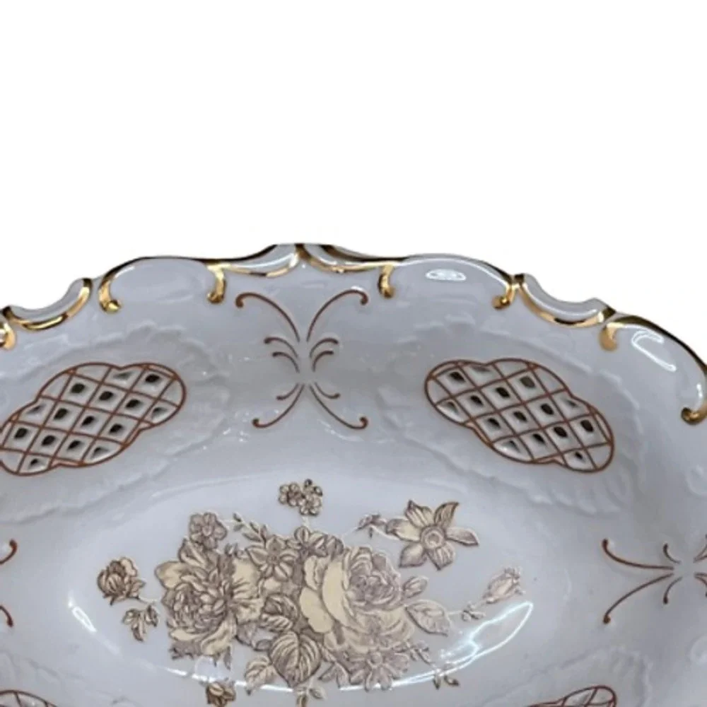 Pirken‎ Hammer 1803 Serving Dish Czech Republic White Gold Floral Trim 12.25